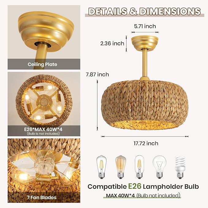 Caged Rattan Ceiling Fans with Lights,Boho Flush Mount Ceiling Fan with Light Low Profile Chandelier 6 Speed Bladeless Reversible Ceiling Fan for Living Room Bedroom kitchen island dining room 17inch