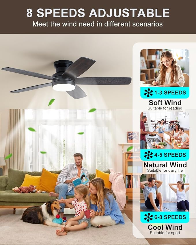 Coolwind 48in Flush Mount Ceiling Fan with Light, Display Remote/APP Control, Black Modern Silent Low Profile Ceiling Fan, 8 Speeds, Dimmable, 3CCT, DC Reversible Motor for Bedroom, Living Room