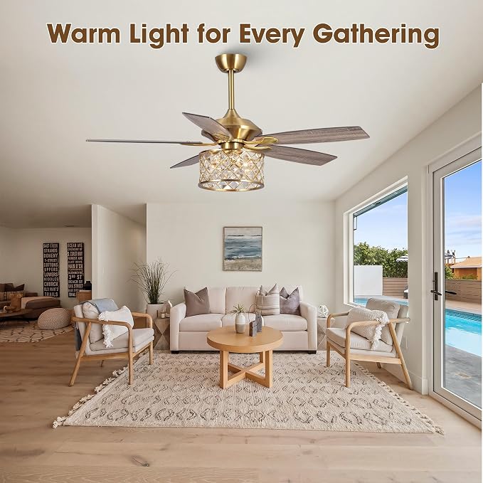 52" Modern Drum Crystal Ceiling Fan with Light, Luxury Brushed Gold Fandelier, Diamond Lattice Metal Cage, Quiet 3-Speed Motor, Elegant Chandelier Fan for Living Room Bedroom