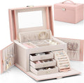 VLANDO Jewelry Box Organizer for Girls Women, Large Baroque Jewelry Holder Organizer with Mirror, 3 Drawers for Bracelets, Earrings, Rings, Necklaces, Mothers Day for Loved One, Pink