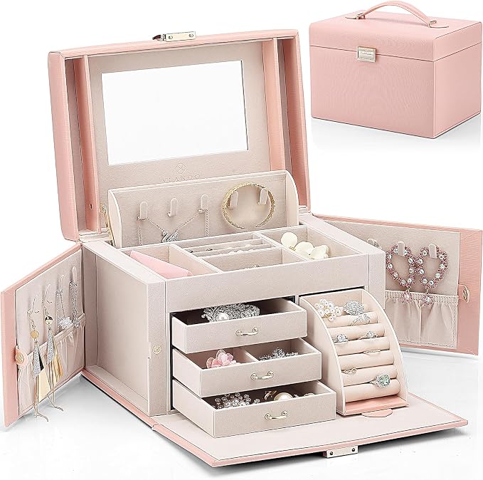 VLANDO Jewelry Box Organizer for Girls Women, Large Baroque Jewelry Holder Organizer with Mirror, 3 Drawers for Bracelets, Earrings, Rings, Necklaces, Mothers Day for Loved One, Pink
