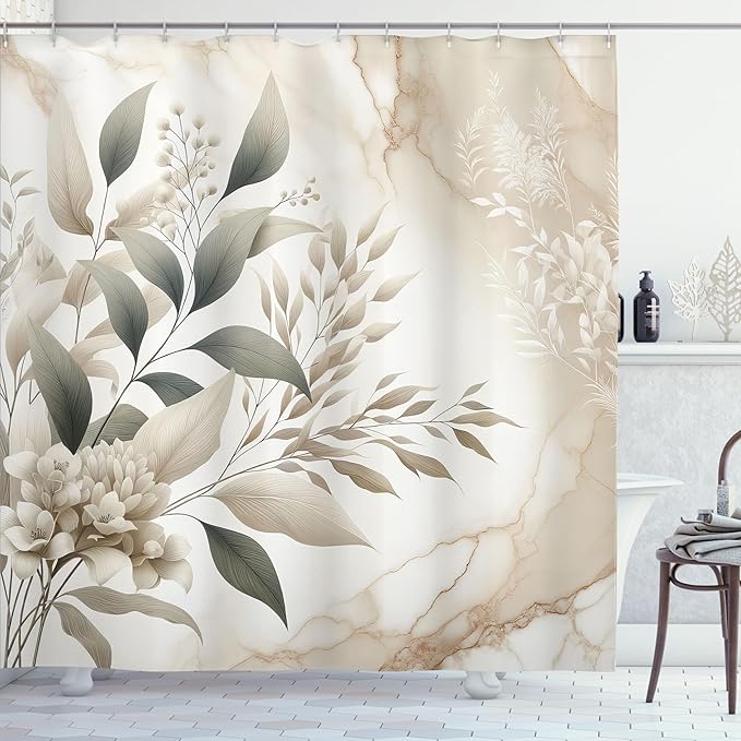 Ambesonne Neutral Shower Curtain, Romantic Cottagecore Wild Flowers Bouquet on Marble Background Print, Cloth Fabric Bathroom Decor Set with Hooks, 69" W x 75" L, Sepia and Dark Sea Green