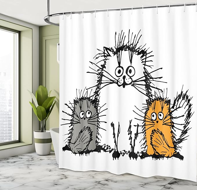 Ambesonne Sketchy Shower Curtain, Fluffy Cat Family with Mother Babies Feline Animal Humor Illustration, Cloth Fabric Bathroom Decor Set with Hooks, 69" W x 84" L, Orange White Grey