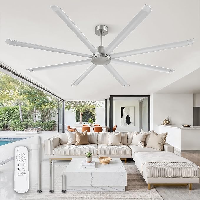 ZMISHIBO 96" Large Industrial Ceiling Fans No light with Aluminum 8 Blades, Commercial HVLS Ceiling Fan without Light,Quiet DC Motor,6 Speeds, Indoor Outdoor Ceiling Fan for Patio, Garage Shop, Nickel