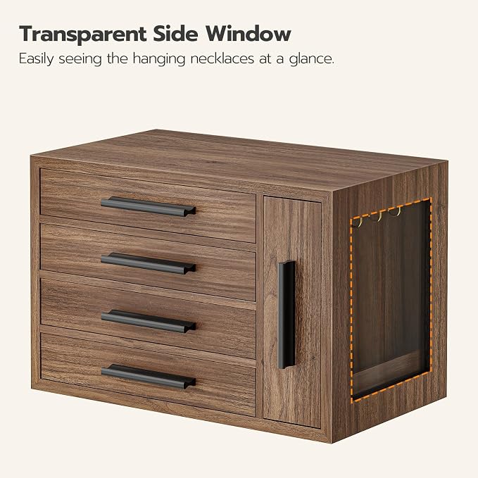 HOOBRO Jewelry Box for Women, Wooden Jewelry Organizer with Transparent Window, 4-Layer Jewelry Organizer Box, Jewelry Holder Organizer for Earrings, Necklaces, Rings, Walnut and Black BH09JB04
