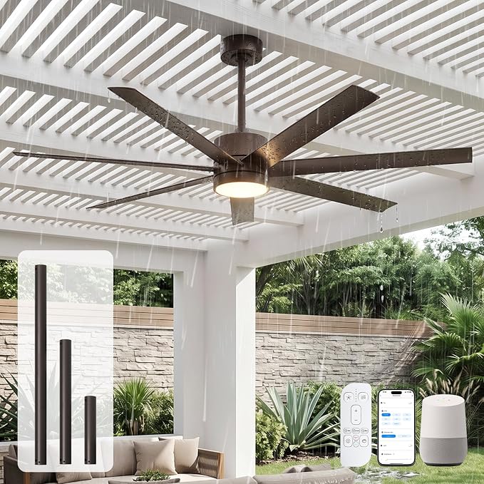 56 Inch Wet-Rated Outdoor Ceiling Fan with light, All-Weather Waterproof 7 UV-Proof Blades, Smart Alexa/App/Remote Control, High Airflow ETL Listed Quiet DC Motor, for Exterior Pergola, Patios, Gazebo