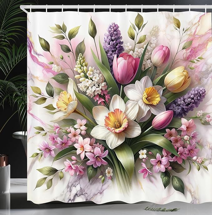 Ambesonne Spring Shower Curtain, Delicate Tulip Pansies and Bluebell Flowers Arrange on Marble Print Back, Cloth Fabric Bathroom Decor Set with Hooks, 69" W x 75" L, Lavender Green Pink