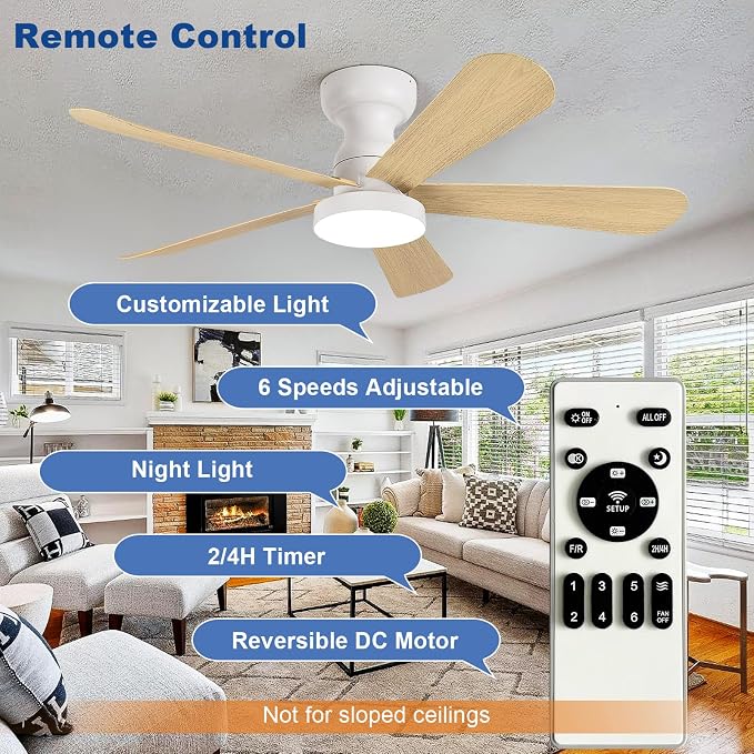 Depuley Small Ceiling Fan with Lights: 42-Inch Flush Mount Fan with Light and Remote - Low Profile Ceiling Fans Reversible Quiet DC Motor for Bedroom Living Room Indoor Outdoor, Wood Color