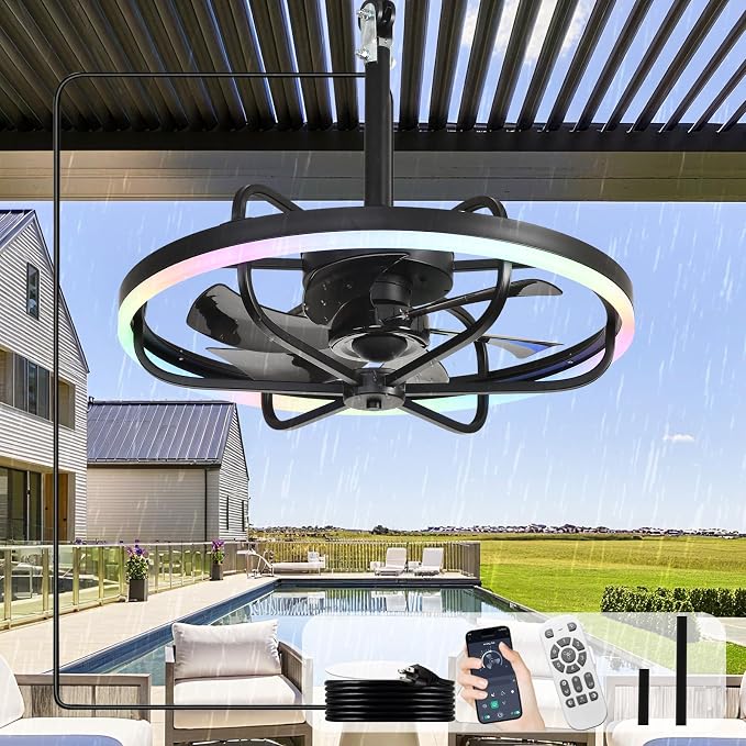 Depuley 20" Outdoor Ceiling Fan with Light: RGB Waterproof Gazebo Hanging Fan with Remote App Control - Dimmable Plug in Caged outdoor Ceiling Fans for patios Porch 6 Speeds