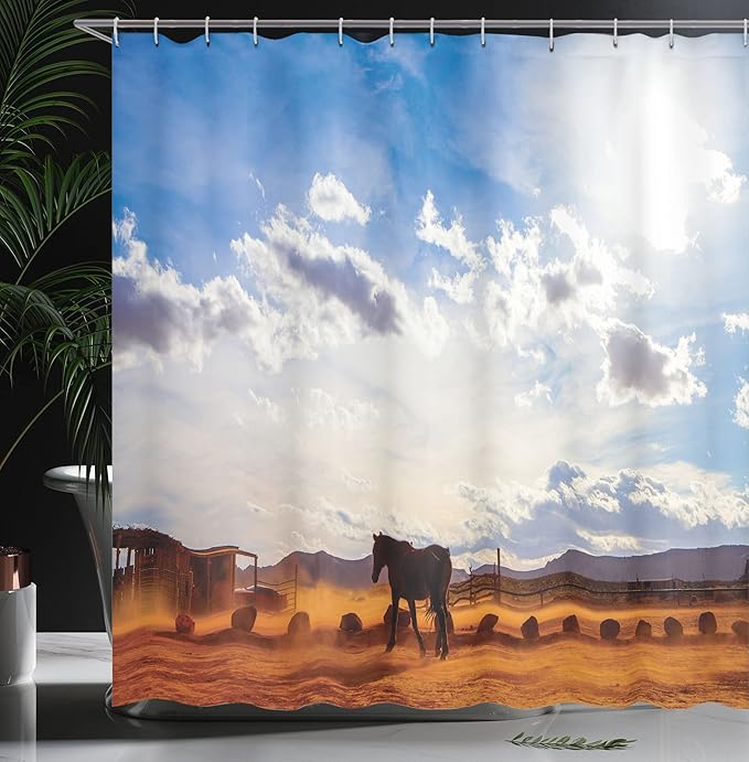 Ambesonne Western Shower Curtain, Horse in Monument Valley Open Sky Clouds Arizona America Landscape Print, Cloth Fabric Bathroom Decor Set with Hooks, 69" W x 70" L, Cream Blue