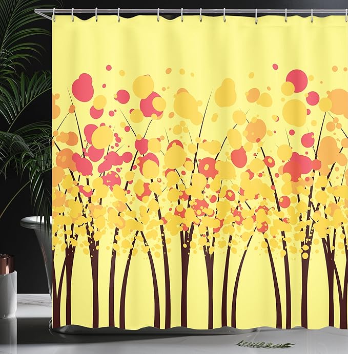 Ambesonne Yellow Shower Curtain, Colorful Autumn Fall Forest with Dotted Flowers Seasonal Texture Home Print, Cloth Fabric Bathroom Decor Set with Hooks, 69" W x 75" L, Yellow Orange
