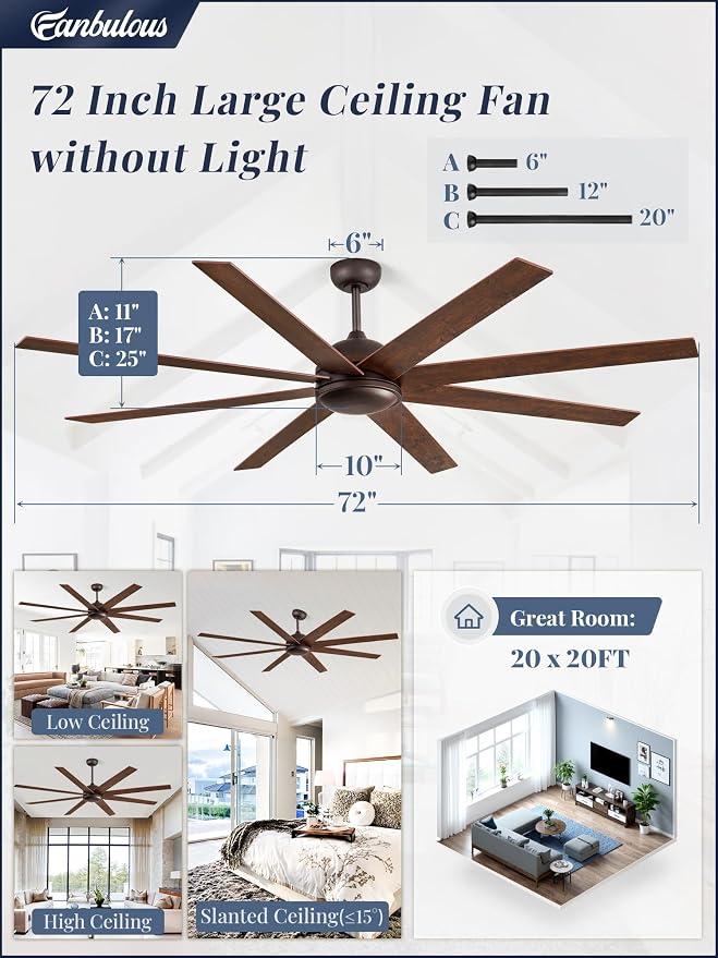 72 Inch large Ceiling Fan without Light, Brown Farmhouse Ceiling Fan with Remote, 6-Speeds, Quiet Reversible DC Motor, Indoor/Outdoor Ceiling Fans no Light for Living Room, Garage, Patio