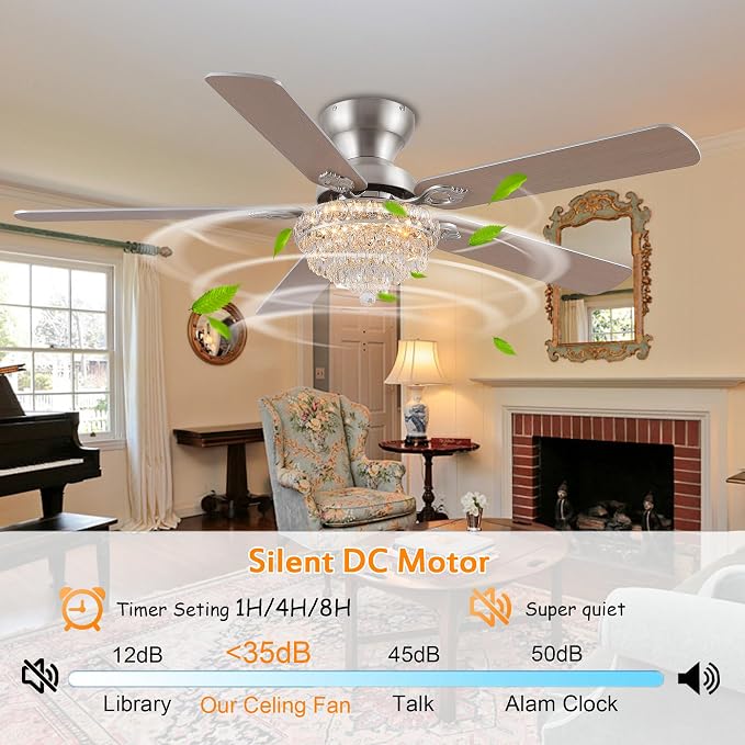 GJeg Crystal Ceiling Fan Fandelier with Lights-Ceiling Fans with Remote Control,Modern Ceiling Fan with Noiseless DC Reversible Motor,Dining Room,Living Room(52" Nickel)
