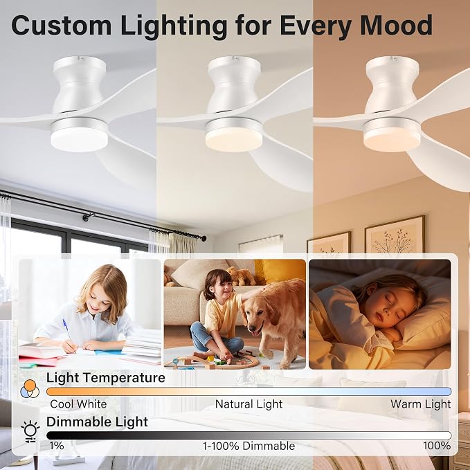 52" Wood Ceiling Fans with Lights Remote,Smart Control via Wifi Alexa APP,Quiet DC Motor,Modern Flush Mount Hugger Ceiling Fan for Low Profile Bedroom,Patio,Matte White,Outdoor Indoor,3 Blade,Dimmable