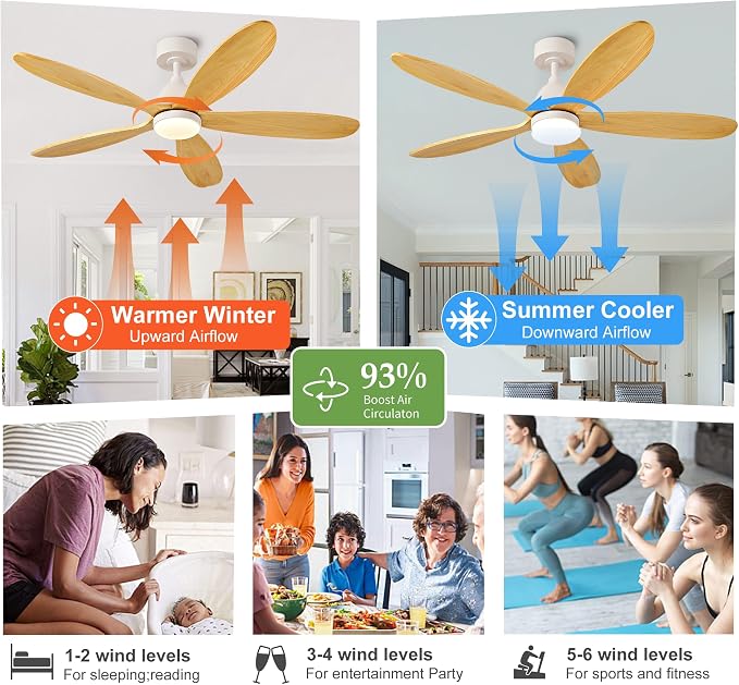 52 Inch Solid Wood Ceiling Fans With Lights, Remote Control, Dimmable, Reversible, Wood Blades, Power-Off Memory, Quiet DC Motor, Indoor/Oudoor Ceiling Fan with Light for Patio,Livingroom
