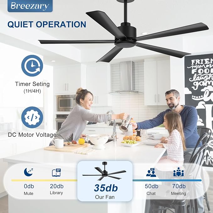 52 inch 5 Blade Ceiling Fans without Light Remote Control, Quiet Reversible DC Motor, 5 Black Blades, 6-Speed, Industrial Ceiling Fan for Home Kitchen (Black)