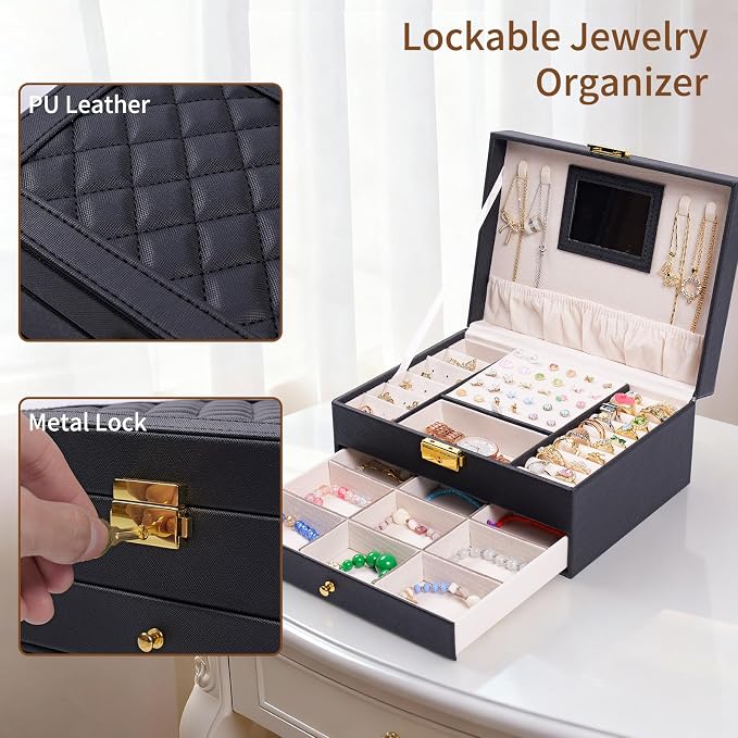 coobest Jewelry Box, 2 Layer Jewelry Organizer with Velvet Earring Organizer, Jewelry Holder Organizer Travel, White Jewelry Boxes for Women, Jewelry Boxes & Organizers for Girls, Black