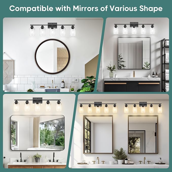 Ascher Bathroom Light Fixtures, 5-Light Vanity Light Over Mirror, Matte Black Wall Sconces with Clear Glass Shades, Wall Lamp for Living Room Bedroom, E26 Base(Bulbs Not Included)