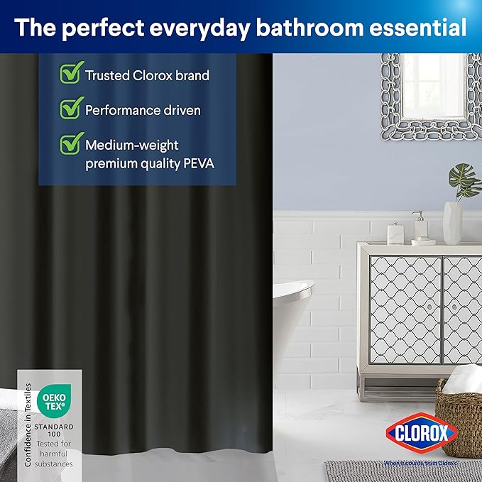 Clorox Shower Curtain Liner, Premium Medium Weight Flexible Waterproof 6g PEVA for Bathroom with Weighted Magnets, Standard Size 72" x 72", Black 1 Pack