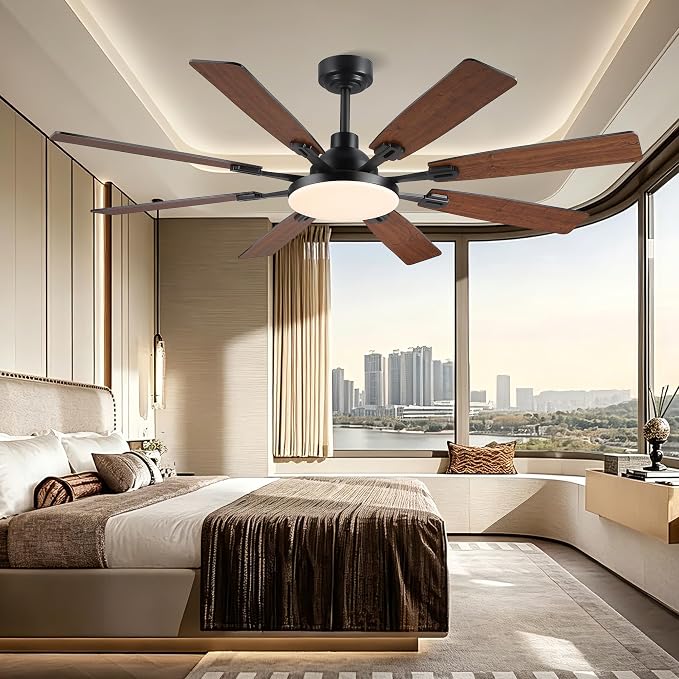 JSAITEE 60In Ceiling Fans with Lights - Brown Low Profile Fan Light with 8 Blades, 6 Wind Speeds Reversible, Dimmable, Modern Light Fixture for Indoor Living Room, Kitchen, Coverd Patios