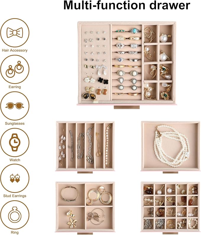 Frebeauty Jewelry Box for Women,Clear Lid Jewelry Organizer with 5 Drawers | Faux Leather,Velvet Lining,5-Layer Large Capacity,Jewelry Storage for Rings Earrings,Dustproof Design,Golden Stylish Handle