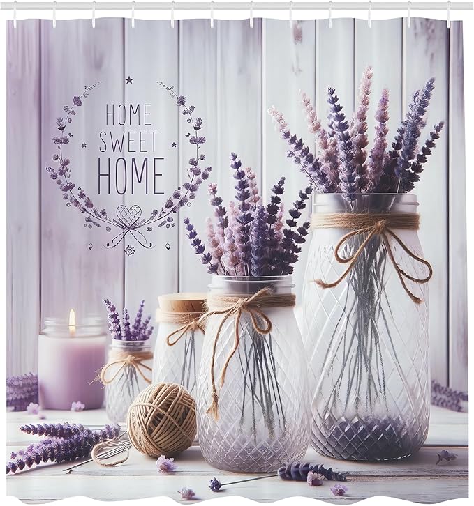 Ambesonne Purple Shower Curtain, Classic Farmhouse Lavender Flowers on Rustic Back with Home Lettering, Cloth Fabric Bathroom Decor Set with Hooks, 69" W x 84" L, Off White Grey Pink Lilac