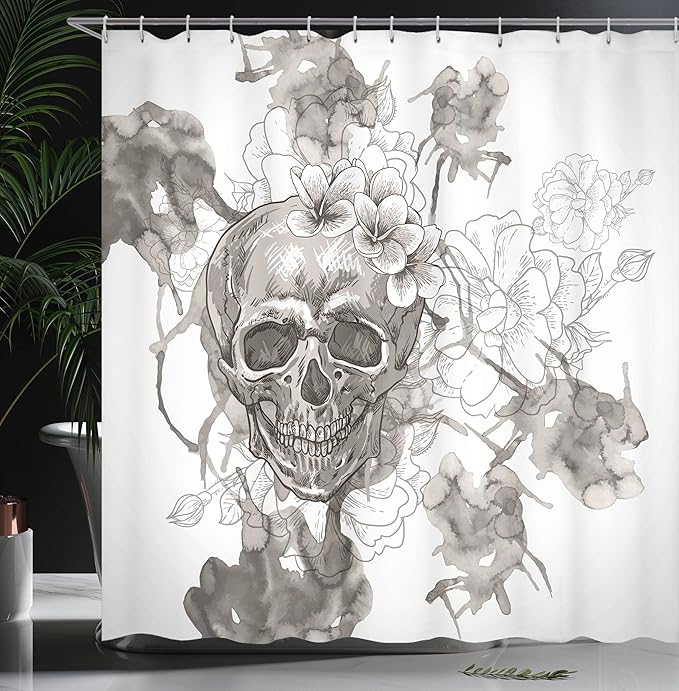 Ambesonne Day of The Dead Shower Curtain, Painting Skull Flowers Dia de Los Muertos Designed Print, Cloth Fabric Bathroom Decor Set with Hooks, 69" W x 84" L, Dimgrey and White