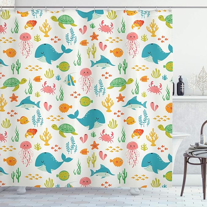Ambesonne Cartoon Shower Curtain, Colorful Underwater Animals Aquatic Marine Life Aquarium Pattern of Crabs Seastars and Fishes, Cloth Fabric Bathroom Decor Set with Hooks, 69" W x 75" L, Pink Green