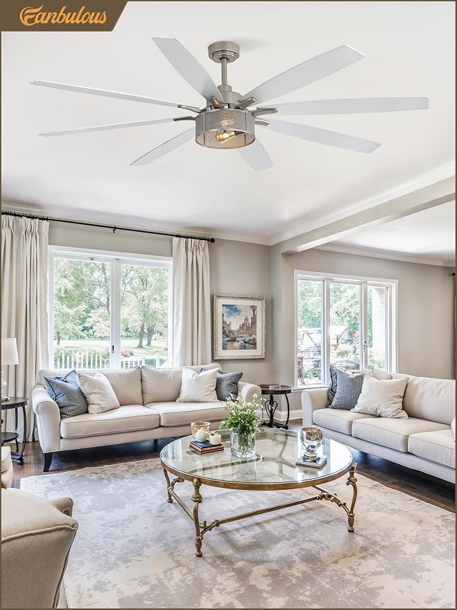 Fanbulous Farmhouse Ceiling Fans with Lights and Remote, 72 Inch Brushed Nickel Industrial Caged Ceiling Fans for Bedroom Living Room Kitchen, 6 Speed Reversible Quiet DC Motor, Dual Finish 8 Blades