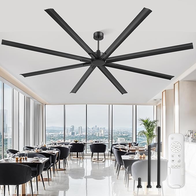 ZMISHIBO 108 Inch No light, Large Industrial High Volume (HVLS) Ceiling Fan with Reversible DC Motor, 8 Aluminium Blades, Modern Commercial Ceiling Fan without Light for Garage/shop/living room,Black