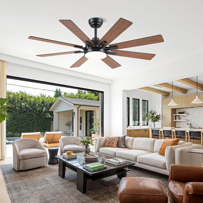 Kviflon 52 Inch Ceiling Fans with Lights, Modern Brown Ceiling fan with light for Bedroom Living Room Indoor Outdoor, Remote/APP Control, Reversible Quiet DC Motor, Dimmable LED, 8 Wooden Blades