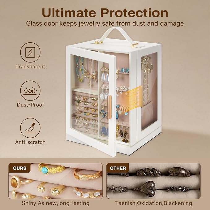360° Rotating 5‑Drawers Jewelry Box with Top Handle & Glass Window, Spacious Vertical Jewelry Organizer, Jewelry Storage Case, Dustproof & Moisture‑resistant Design. (White)