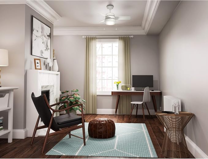Hunter Aker, Indoor, Ceiling Fan, Modern, Small, 36 inch, Fresh White | with LED Light and Pull Chain, Standard Mount, Quiet, 3 Blades, For Bedroom, Home Office, Laundry Room, 59301