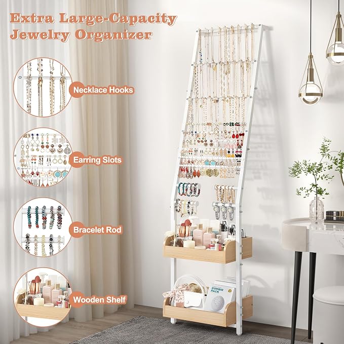 Jewelry Holder Organizer, Large Jewelry Organizer Wall with Earring Organizer Necklace Holder Bracelet Holder, Jewelry Organizer Stand Jewelry Display for Earrings Rings Necklaces Bracelet Watch White