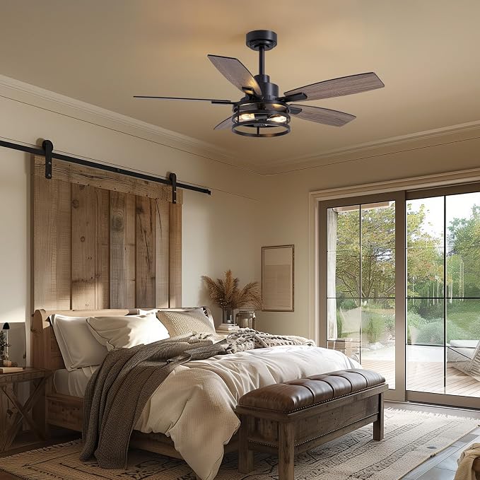 46 Inch Ceiling Fans with Lights and Remote & APP Control, Farmhouse Ceiling Fan with LED Lighting for Bedroom Living Room and Patio, Black Caged Ceiling Fan for Indoor and Outdoor(NO Bulbs
