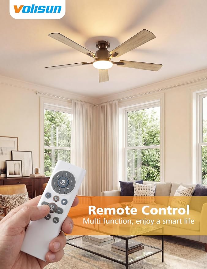 VOLISUN 52 Inch Ceiling Fan with Lights Flush Mount, Low Profile Ceiling Fans with Lights, Remote&APP Control,Dimmable 22W LED Light,Queit&Reversible Fan, Brown Ceilings Fans for Bedroom, Living Room