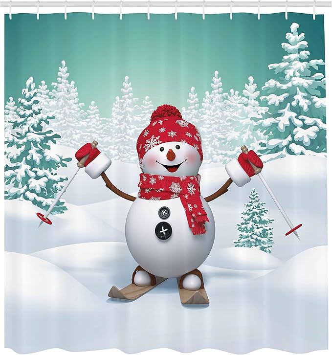 Ambesonne Christmas Shower Curtain, Snow Covered Mountain Fir Trees and Skiing Snowman Fun Holiday Activity, Cloth Fabric Bathroom Decor Set with Hooks, 69" W x 70" L, White Teal