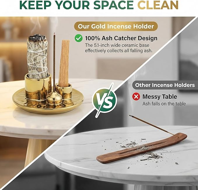 Handmade Ceramic Incense Burner for Palo Santo Incense Sticks, 4 in 1 Multi-Purpose Sage Holder for Burning, Ash Catcher Tray for Meditation Yoga Room (Golden)