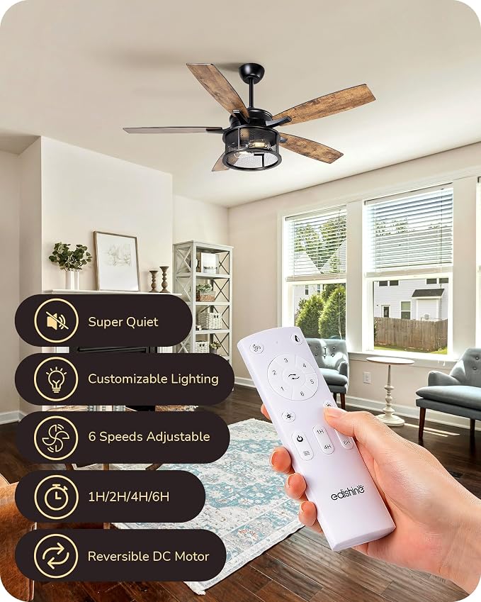 EDISHINE 52" Farmhouse Ceiling Fans with Lights and Remote, 10%-100% Dimmable, 5 Wooden Blades Lighting & Ceiling Fans with Timer, 6 Speeds Reversible DC Motor for Living Room Bedroom, Burnt Wood