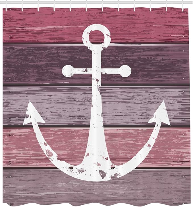 Ambesonne Anchor Shower Curtain, Timeworn Marine Theme on Weathered Wooden Planks in Rustic Pinkish Tones, Cloth Fabric Bathroom Decor Set with Hooks, 69" W x 84" L, Rose