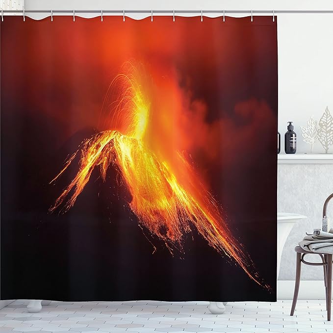 Ambesonne Volcano Shower Curtain, Tungurahua Volcano in Ecuador Exploding at Night Nature and Geology, Cloth Fabric Bathroom Decor Set with Hooks, 69" W x 75" L, Orange Yellow