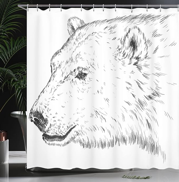 Ambesonne Animal Shower Curtain, Polar Bear Profile Engraved Ink Drawing Grizzly Furry Wildlife in North Zoo, Cloth Fabric Bathroom Decor Set with Hooks, 69" W x 70" L, Charcoal Grey White