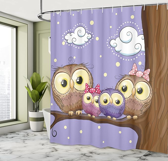 Ambesonne Bird Shower Curtain, Cartoon Style Owl Bird Family Mother Father Daughter Son Sitting on a Branch, Cloth Fabric Bathroom Decor Set with Hooks, 69" W x 70" L, Lavender and Brown