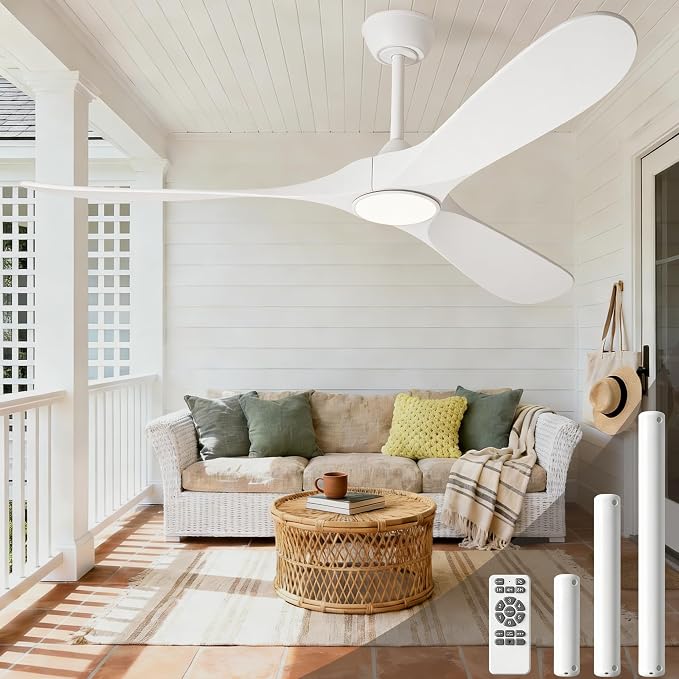 White 60 inch Ceiling Fan with Light and Remote, Modern Outdoor Ceiling Fans with Lights for Indoor Living Room Patios Porch Bedroom 3 Blade Propeller High CFM Wet Rated Wooden Fan