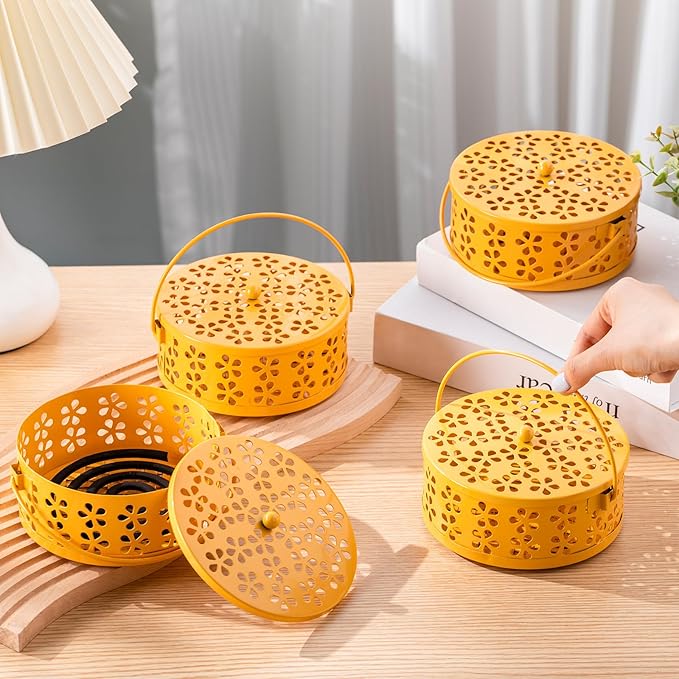 Lallisa 4 Pieces Mosquito Coil Holder Incense Coil Holder Retro Portable Metal Hanging Incense Burner with Handle Round for Home Camping Indoor Outdoor Patio(Yellow)