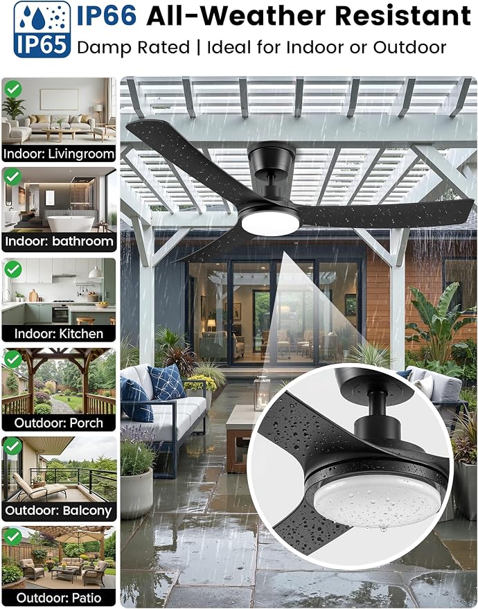 56" Outdoor Ceiling Fan with Light - IP66 Waterproof Black Ceiling Fans with Lights and Remote & App Control, Quiet DC Motor, 3 CCT, Dimmable LED Large Ceiling Fans for Patios, Gazebo, Porch