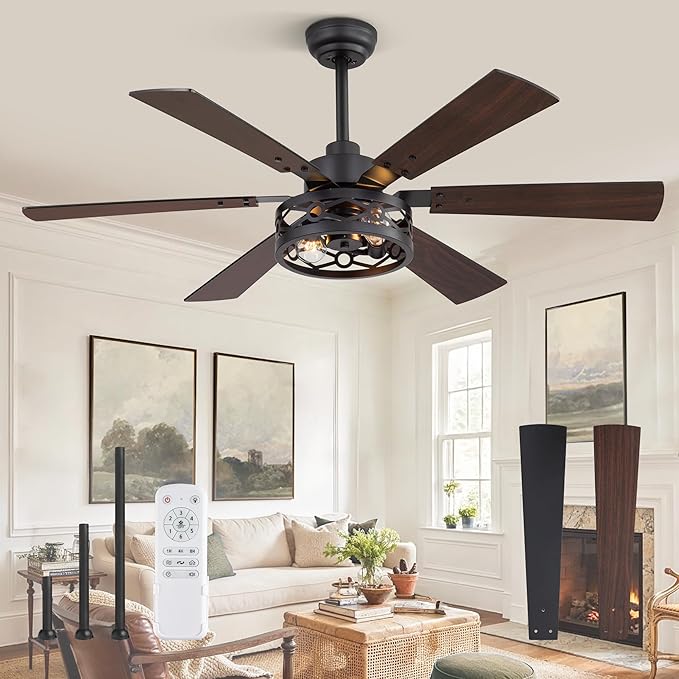 Fanbulous 50 Inch Ceiling Fan with Lights, Farmhouse Caged Ceiling Fans with Remote, Black Industrial Ceiling Fans with Quiet Reversible DC Motor, Small Ceiling Fan for Living Room, Bedroom