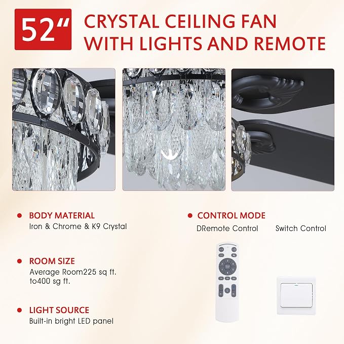 GJeg Crystal Ceiling Fan Fandelier with Lights-Ceiling Fans with Remote Control,Modern Ceiling Fan with Noiseless DC Reversible Motor,Dining Room,Living Room(52" Black)