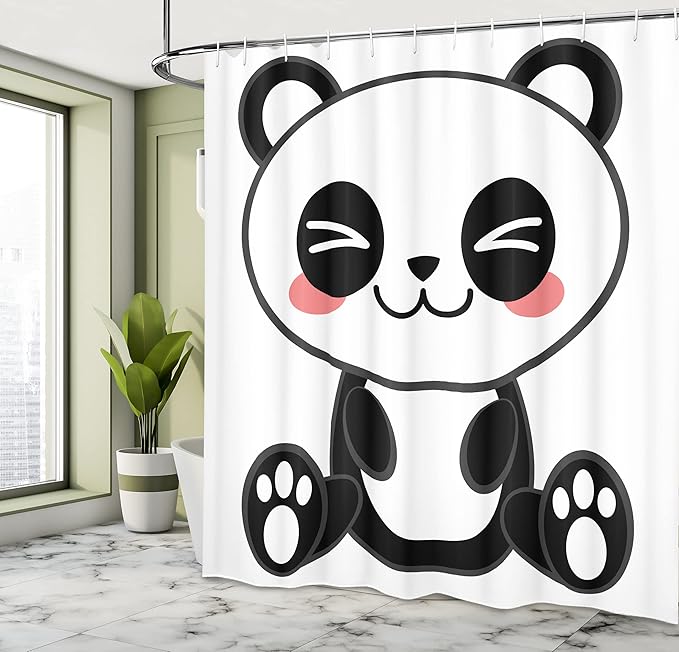 Ambesonne Anime Shower Curtain, Cartoon Smiling Panda Fun Animal Theme Japanese Manga Teen Art Print, Cloth Fabric Bathroom Decor Set with Hooks, 69" W x 70" L, White Grey
