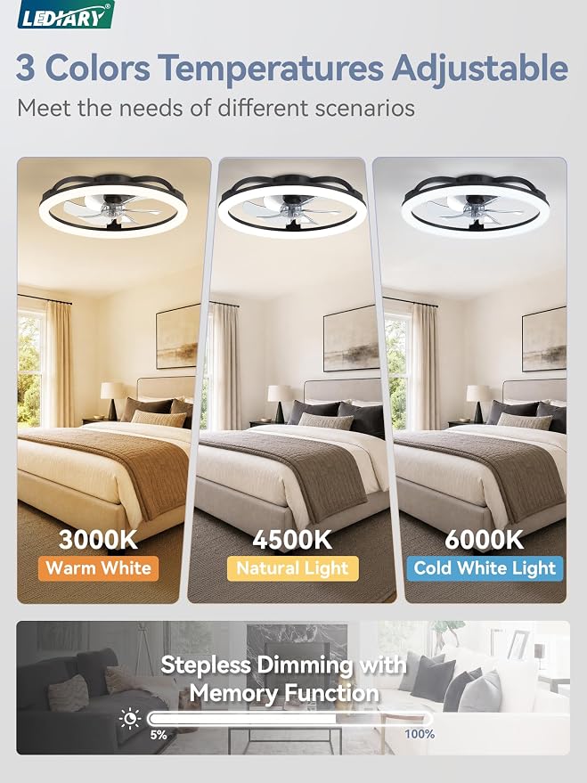 LEDIARY 23 Inch Ceiling Fans with Lights and Remote, Dimmable Fan Light | 6 Speed, Reversible, APP & Remote Control, Low Profile Flush Mount Ceiling Fan for Bedroom, Black